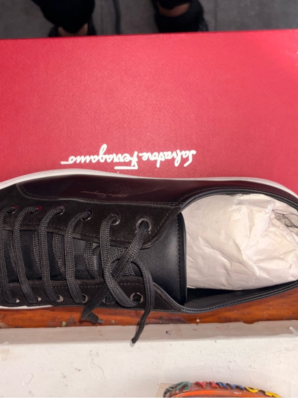 Salvatore Ferragamo Men's Black Leather Low-Top Sneakers with Black Laces